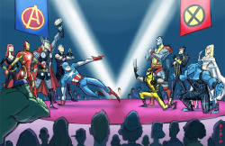 godtricksterloki:  cyanidedaze:  SERVE! SERVE! SERVE! bobbyrubio:  YO! It’s ON, like Comic CON! It’s time to battle and take it to the streets! Can a group of outcasts take on the defending champions? AvX, baby!   I’ll still go for Avengers!  AvX