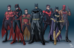 Batman, Robin, Nightwing, Batgirl, Batwomen, Red mask?, and other person. I know most of em :P