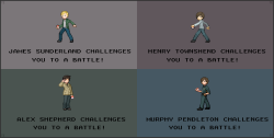 phantastus:  orewatowi:  Welcome to Silent Hill… hope you brought your pokemon… Okay so these took way longer than I wanted to, but here they are! James, Henry, Alex and Murphy are all ready to kick butt in a pokemon battle. All sprites were edited