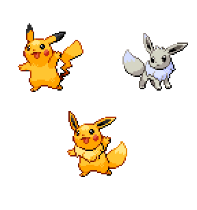 I suppose it doesn&rsquo;t look too derpy for my first try? haha   edit:here&rsquo;s pikachu eevee v2! I used different sprites, and it looks SO much better. 