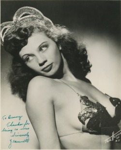 burlyqnell:     Jeannette     Vintage 50’s-era promo photo personalized: “To Benny,  Thanks for being so nice — Sincerely,  Jeannette”.. &ldquo;Benny&rdquo; was: Ben Chazin.. A drummer for burlesque shows, working mainly in the Philadelphia