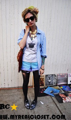 Cute new style blog took some shots of me while out at the Melrose trading post last weekend! Full post here: http://myrealcloset.com/?p=1779 Everything I&rsquo;m wearing is thrifted or DIY, except my shoes, and the pantyhose. I glitter my own plugs,
