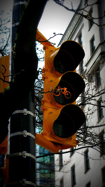 plantedcity:  Here’s a shot of one of the bike specific traffic signals on the Hornby Street separated bike lane in downtown Vancouver. The signals guide cyclists across busy intersections and help to avoid conflicts with motorists and pedestrians.