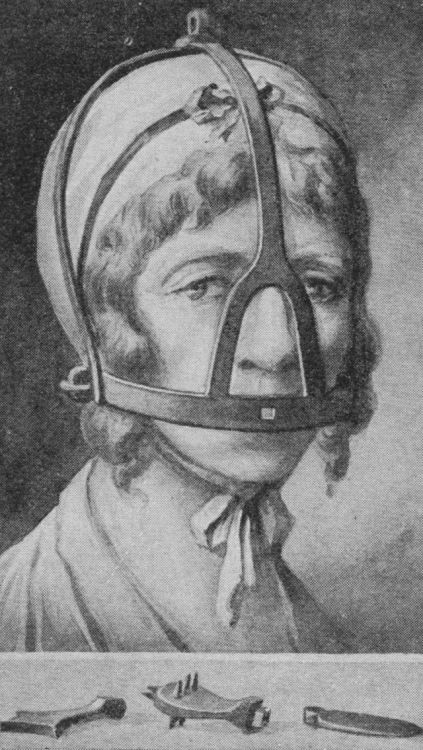 daydreams-of-a-matriarchist:  The Branks, also sometimes called Dame’s Bridle, or Scold’s Bridle comprised of a metal facial mask and spiked mouth depressor that was implemented on housewives up until the 19th century. Sometimes called “A scold’s