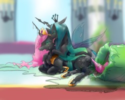c2a:  Bad end.  I like this idea. Maybe it&rsquo;s what would have resulted if Chrysalis won and Celestia had spent more time cocooned&hellip; Maybe even the short time she spent in there changed her a little. Perhaps she can feel the tug of the Queen