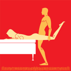 Bed Spread  Bend over the side of the bed so your stomach and breasts are against the mattress and your feet are on the floor, legs spread comfortably. As your guy penetrates you from behind, he lifts your legs from just above the knees, holds them apart,