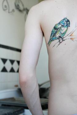 fuckyeahtattoos:  Abstract Bird( art by Abby Diamond) Tattoo by Tree Flores of NYC www.thetreeflower.com Collector Tyler Callaghan