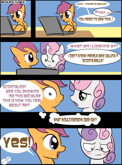 derpygrooves:  artsiewoodbrush:  Scootaloo discovers shipping.((I woke up and saw a ludicrous amount of Scootaloo x Sweetie Belle stuff on my dashboard and wandered what the two would actually think))  Scootaloo you are literally the shittest friend 