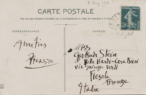 artistandstudio:  Postcard from Pablo Picasso to Gertrude Stein, 1911 Yale Collection
