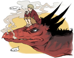 reapersun:  that insane cumberbatch interview from this morning reminded me that workpal milkbun requested some more cumbersmaug awhile ago so here is a dragon and now i want to draw monster hunter here is the obligatory creepy one:   Smauglock and Johnbo