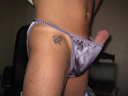 straightpanties:  Hard in purple satin panties 