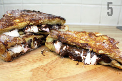 gocookyourself:  Nutella &amp; Marshmellow French Toast - In Pictures Nutella / Marshmallows / Loaf of Bread / 2 Eggs / Double Cream /  Caster Sugar / Cinnamon / Butter / Oil (1) STOP drooling and pay attention CUT bread into thick slices SPREAD Nutella