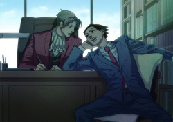 guilty-verdict:  faithful-defender:  #edgeworth is going to stab me in the eye #with that pen     #yes #yes I will if you don’t wipe that smug grin off your face and take some decent distance #take your arm off my desk #I mean it Wright    