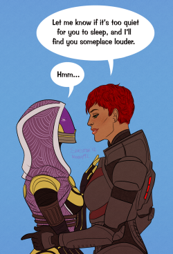 moony92:  Watched a clip of dialogue from ME3 that had femshep and Tali flirting on the Geth Dreadnought, so instead of working on commissions I’m doodling inter-species awkwardness things. Yeah that seems fair.  