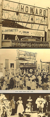 Betty (Blue Eyes) Howard headlines the marquee of the &lsquo;BROADWAY To HOLLYWOOD&rsquo; carnival burlesque show, at the 1958 New York State Fair.. On the bottom tier of this image, she can be seen standing off to the Right, draped in a white fur stole..