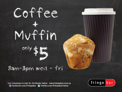 fringebar:  Fringe Bar is now open from 8am Wednesday - Friday to serve you delicious barista coffee and freshly baked muffins. You can grab a coffee   muffin for only ŭ! So come see us at Fringe Bar before you head to work. www.fringebar.com.au  I feel