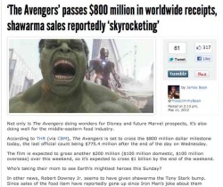 the-renner-lunge:  The Avengers earns of 迀 million worldwide and shawarma sales ‘skyrocket’. Meanwhile… in the comments section, Thor Odinson defends his superhero colleagues against the trolling mewling quim.  Offended Thor is offended. X 
