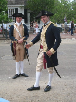 foundingfathersfbconvos:  The two officers were ridiculously handsome and chatted up visitors before they had to do their scene. They debated with a widow about the worth of Congress’ paper money and if signing up for the army was the right thing to