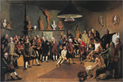michalkarmazon:  In a group portrait by Johann Zoffany, “The Academicians of the Royal Academy” (1771-2), members are shown gathered around a nude male model at a time when women were excluded from such training in order to protect their modesty.