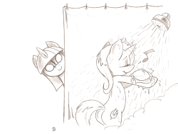 lord-tristan:  Shower Peep Show by ~Joey-Darkmeat Shower more like show-‘er amirite.  Heh, i love love LOVE this artist&rsquo;s Trixie and her stuffed Twi-doll friend&hellip; The pictures of them show a happy couple enjoying fun and antics together.