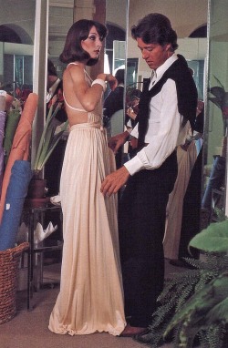 superseventies:  Anjelica Huston being fitted in a Halston evening