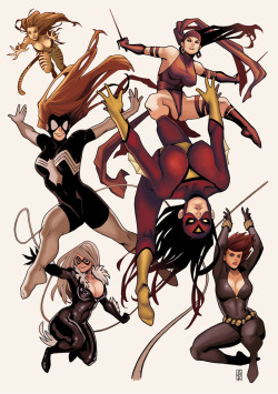 comicsforever:  Marvel Girls // artwork by Elizabeth Torque (2011) Featuring (top to bottom): Tigra, Elektra, Spider-Woman I &amp; II, Black Cat and Black Widow.  