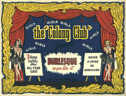 Cover to a vintage menu card for the &lsquo;Colony Club&rsquo; in Gardena, California.. A popular 50&rsquo;s-era Burlesque nightclub, located at the corner of Western Avenue &amp; 149th Street.