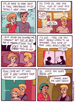 southern-feminism:  kosmonaughtybarbie:  kateordie:  This comic is about how there are two sides to every story.  on point  A guy insulting his ex to “compliment” you is always a red flag.