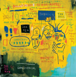 a-r-t-history:  Jean-Michel Basquiat, Hollywood Africans, 1983, mixed media (via Whitney Museum of American Art)  what is bwana? pop corn sugar cane tobacco tax free hero.ism self portrait as a heel