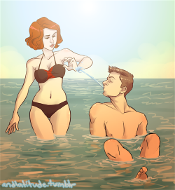 andlatitude:  Second in a series of summer-y (probably some kind of AU) Avengers drawings.   Eeee I love Natasha&rsquo;s bathing suit!