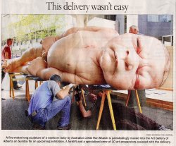 installator:  “Ron Mueck’s A Girl being readied for final installation at the AGA (clipped from the Edmonton Journal)” North Edmonton Sculpture Workshop 