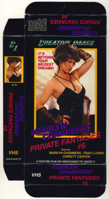 Higher-quality version of the cover for Marilyn Chambers&rsquo; Private Fantasies #6, 1984; the original video, the last in the Private Fantasies series, featured a scene with Traci Lords who was 16 at the time. Her scenes were deleted for future VHS