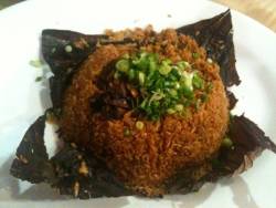 kollerss:  Round 2 of fox loves Asian food post “Steam lotus leaf rice” something me and my mom made gawd this is was annoying as well to make because of the size this is basically contains glutinous rice mixed with mince Chinese barbeque sausages,