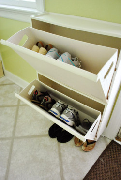 storagecom:  Kicking your shoes off at the end of a long day feels great, but doesn’t look very neat. Repurpose recycling bins into shoe storage to keep your entryway clutter-free!