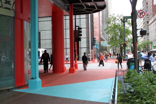 britticisms:  Installation shots of Jessica Stockholder’s Color Jam, which paints the streets and buildings on State and Adams in Chicago with swaths of rich colored vinyl. I’ve walked through this space numerous times during the past couple of days.