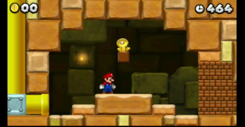 New Super Mario Bros. 2 These screens feature a golden fire flower, turning Mario into a coin powerhouse, turning everything he hits and touches into coins.  You’re also able to play through the entire single player game with a friend. 