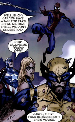 -lazarus:  Stop calling me “Bucky Cap!!” (New Avengers Vol 1 - 53)   I love how Bucky&rsquo;s frustration requires two exclamation points.