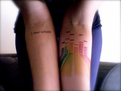 fuckyeahgirlswithtattoos:  Both were done by Miguel at Velvet Grip Family on Santa Monica Boulevard in West Hollywood.   On my right arm is my favorite quote from one of my favorite book “The Perks of Being a Wallflower.” On my left arm are equalizer