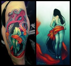 fuckyeahtattoos:  { See the original piece here. } On 12 February, 2012, I received an email from Heather S. She told me that she’s been a big fan of my artwork for quite some time and has been particularly fond of my ‘Swishy Naked Lady’ piece.