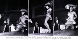 Tinki DeCarlo has some fun with an audience member at Chicago&rsquo;s &lsquo;Silver Frolics&rsquo; club.. Scanned from the pages of the March '56 issue of 'CABARET&rsquo; magazine..