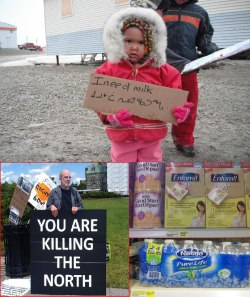 badrepute:  vworp-goes-the-tardis:  maehkon:  acacophony:  littleojibwe:  tanninginparadise:  See this picture? This comes from a town in Canada where a 24 pack of water bottles is 104 dollars and formula milk for a baby is priced at 55 dollars a pack.