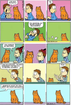 randomslasher:  tatooinedovah:  shinga-tumblr:   I remember when people first realized how much funnier these comics were just without Garfield’s dialog, which Jon was never able to hear anyway. Garfield only ever communicated to us readers in thought