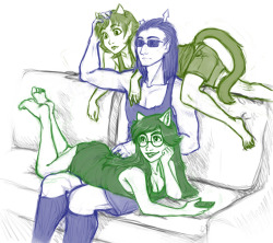 yakasukix:  finthefish:  opkomstfout:  yoccu:  theyre watching the discovery channel  oh my god I really love this piece so much look at how much attention Equius and Nepeta are paying and Jade is just being cute overall  “I think Jade is going to die