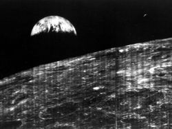 we-are-star-stuff:  This photo was the world’s first view of Earth taken near the moon. It was snapped by the U.S. Lunar Orbiter I on August 23, 1966, when the spacecraft was just about to pass behind the moon on its 16th orbit. 