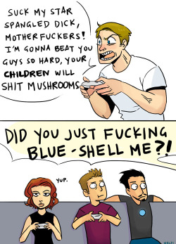 they-call-me-wonder-woman:  thebigbadwolfe:  mechinism:  steve gets colorful when competitive  SUCK MY STAR-SPANGLED DICKS MOTHERFUCKERS  I just love how we all accept and understand the rage of Mario Kart.  