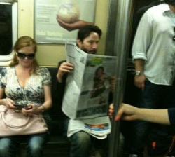 dzoantheexplorer:  “This guy reading the newspaper on the subway is Keanu Reeves.He is from a problematic family. His father was arrested when he was 12 for drug dealing and his mother was a stripper. His family moved to Canada and there he had several