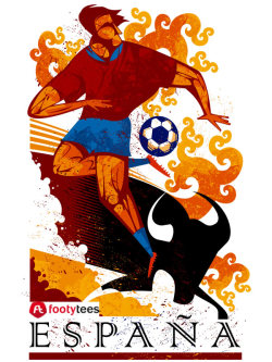 footytees:  Spain - The World and European Champions. La Roja have tiki-taka at their feet and the bull in their hearts. @ Footytees 