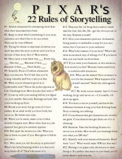 sherlocked-inside-the-tardis:  pupukachoo:  froggy-horntail:  pantheonbooks:  duamuteffe:  illesigns:  Pixars 22 Rules of Story Telling  9 is worth the price of admission, holy crap.  This is genius. So many great writing tips!  And this is why Pixar