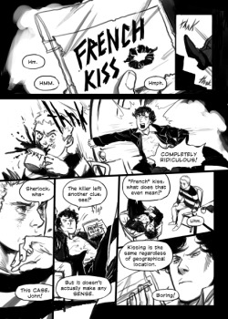 French Kiss page 01 (from I Will Burn the Art Out of You, a Sherlock collab fanbook) (i&rsquo;ll be posting this more slowly than Wreck to promote this awesome collaboration) (i mean you can pretty much see where this is going already)