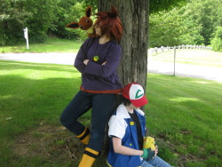 askashandgary:  girl-in-the-library:  Today, my friend Kay and I did an amateur photoshoot for our Pokemon cosplays. I’ll be posting a couple of photosets of some of my favorites. The shot here is my favorite from the whole shoot. Ash: Me Gary: Airakay